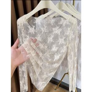 Womens Sheer Lace Top Apricot Floral Mesh Long Sleeve Slim Fit Size S
